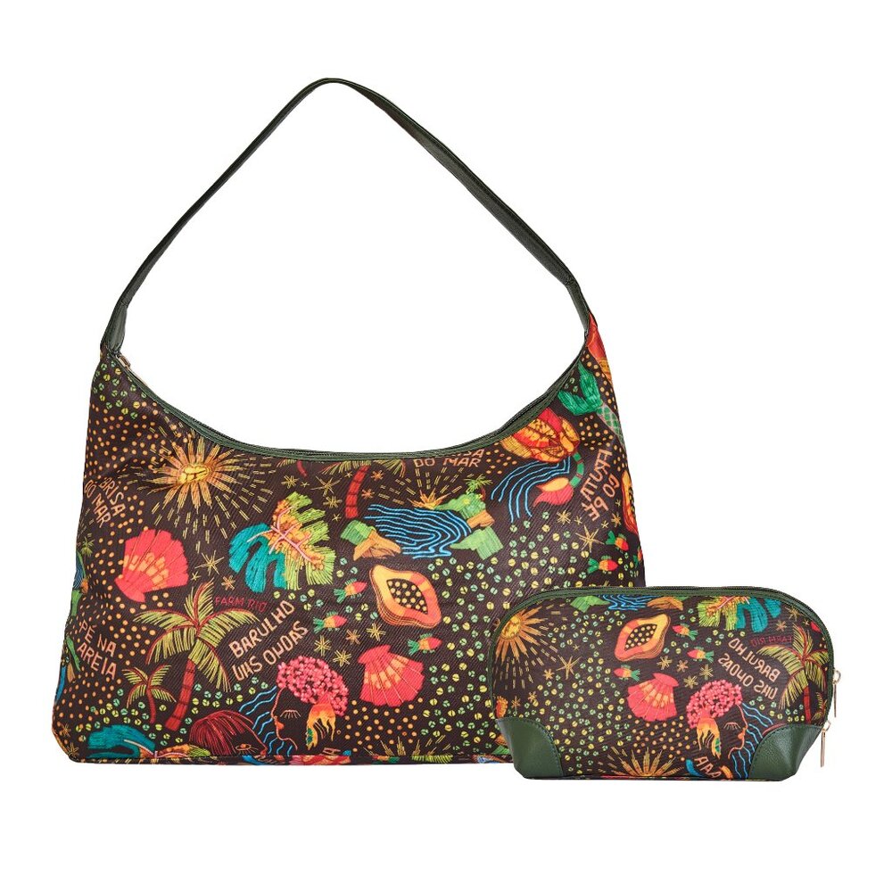 Green Costal Print Sling Hobo & Cosmetic Bag Set for Women– Fabric Shoulder Bag